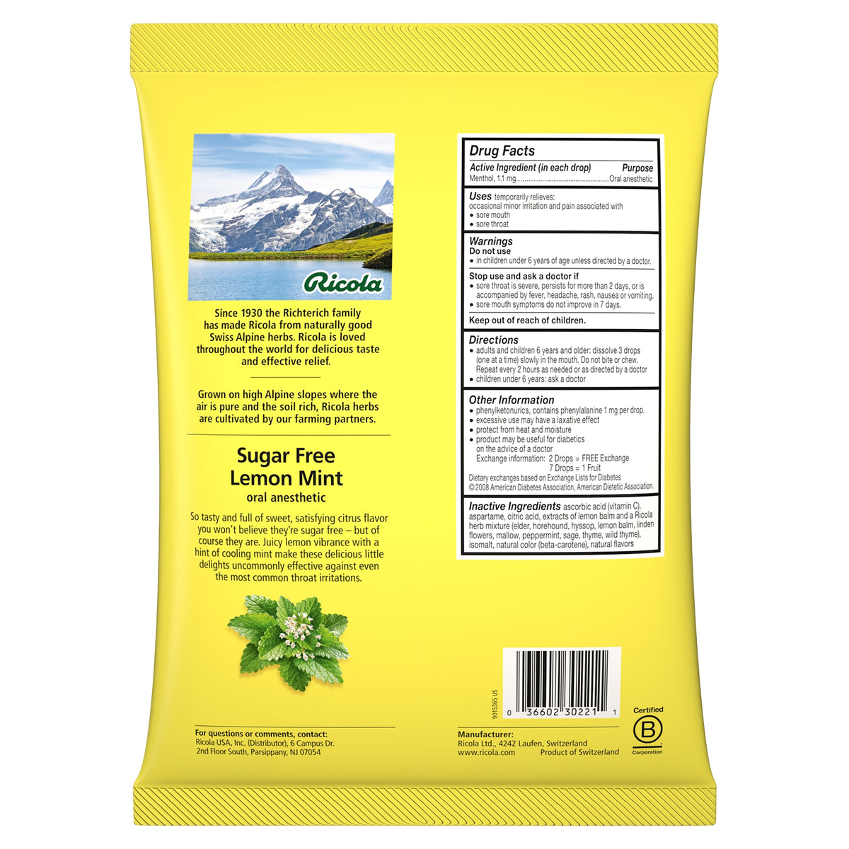 Ricola Sugar Free Lemon Mint Herb Throat Drops, 105 Drops, 2 ct - product image 1