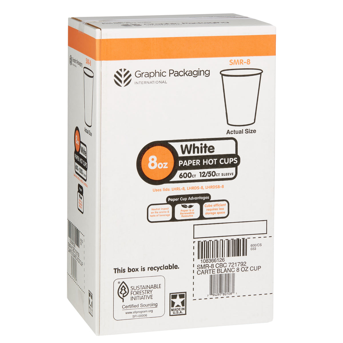 Graphic Packaging Paper Hot Cups, Carte Blanc White, 8 oz, 600 ct - product image 1