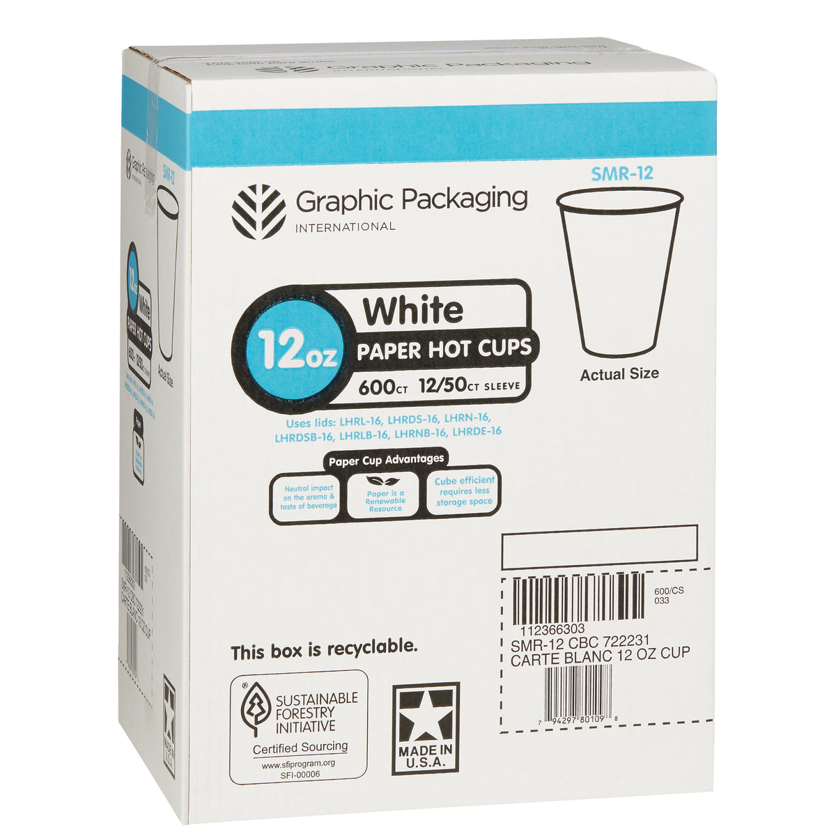 Graphic Packaging Paper Hot Cups, Carte Blanc White, 12 oz, 600 ct - product image 1