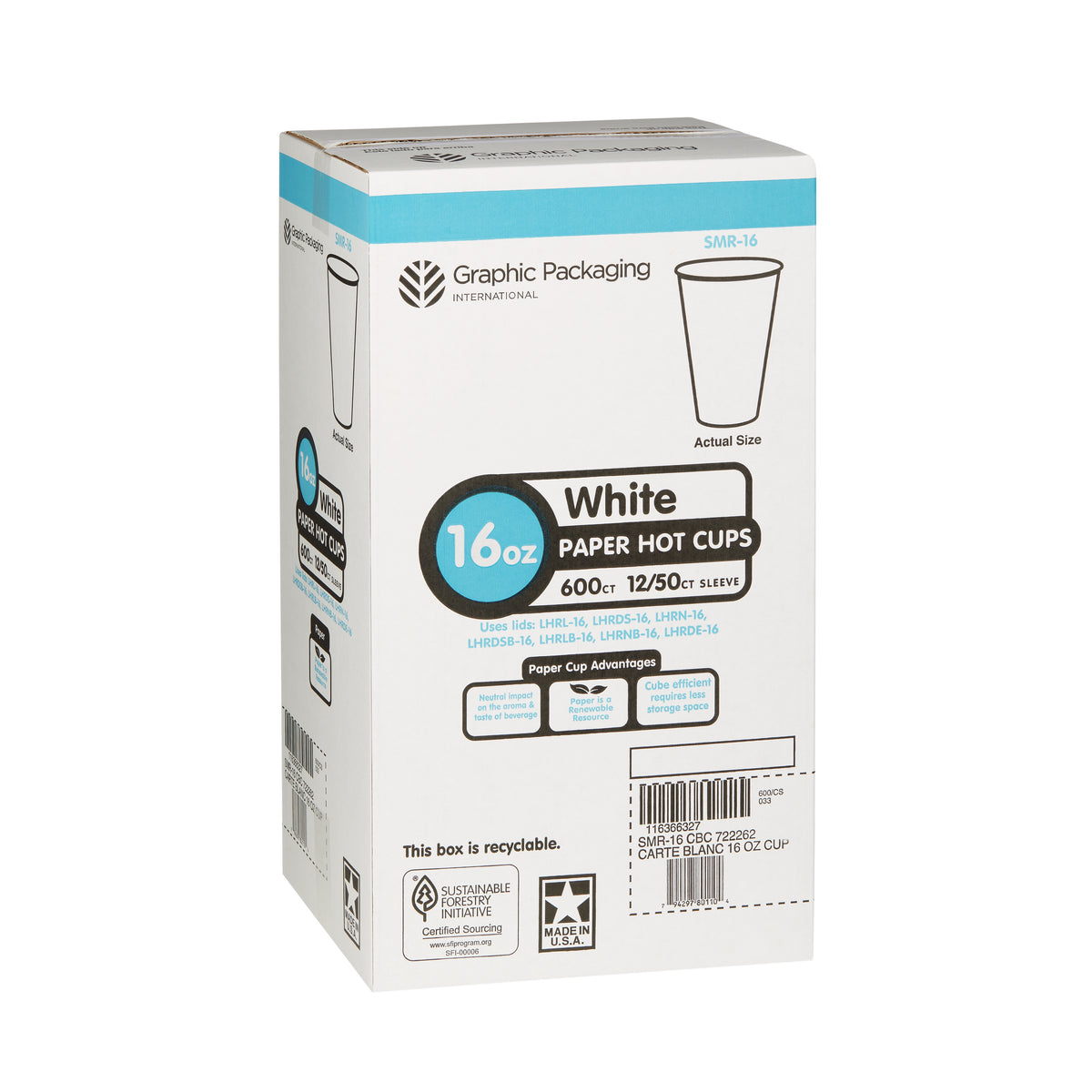Graphic Packaging Paper Hot Cups, Carte Blanc White, 16 oz, 600 ct - product image 1