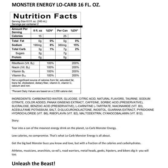Monster Energy Drink, Lo-Carb, 16-Ounce Cans (Pack of 24)