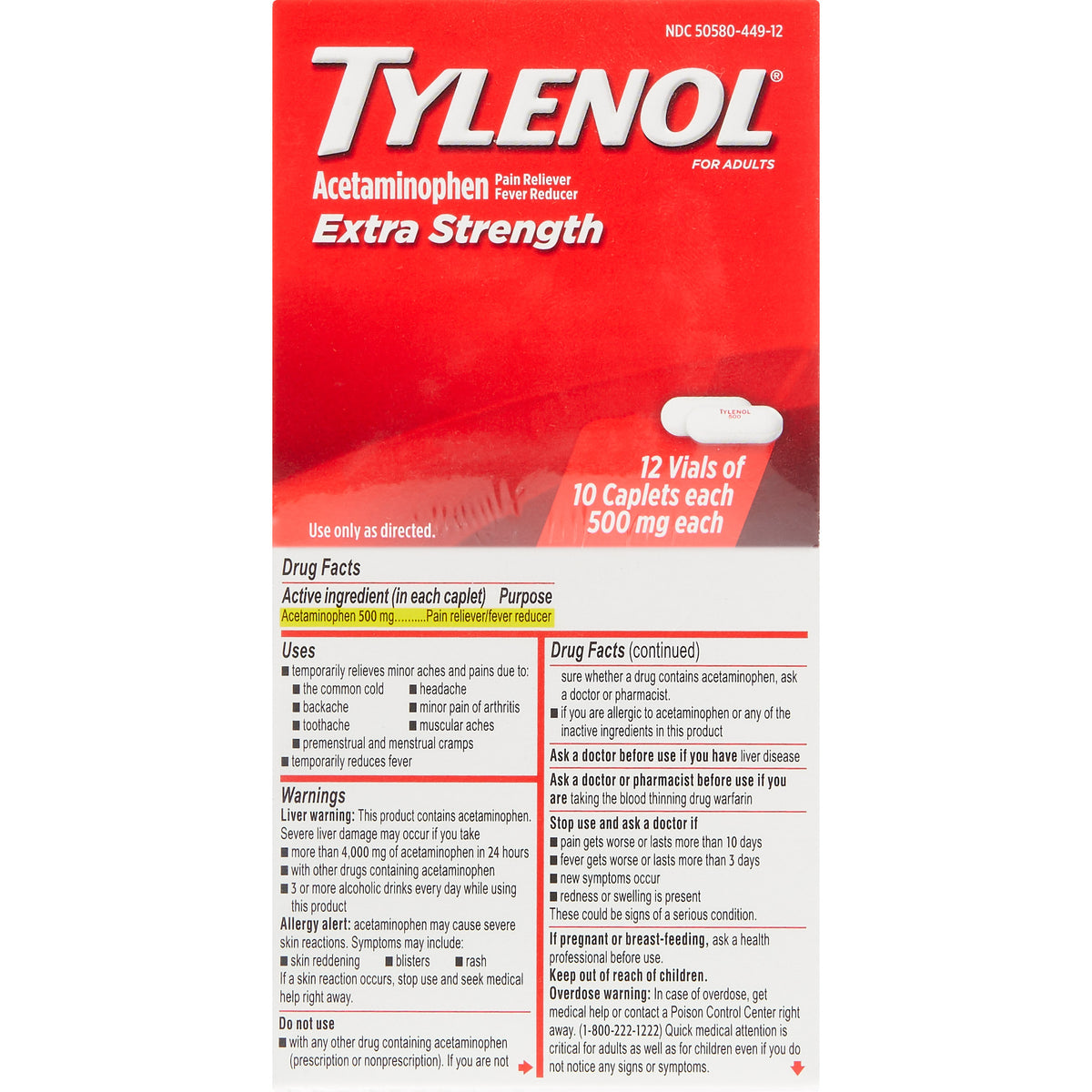 Tylenol Extra Strength Acetaminophen Caplets, 500 mg, 10 per Vial, 12 ct - product image 4