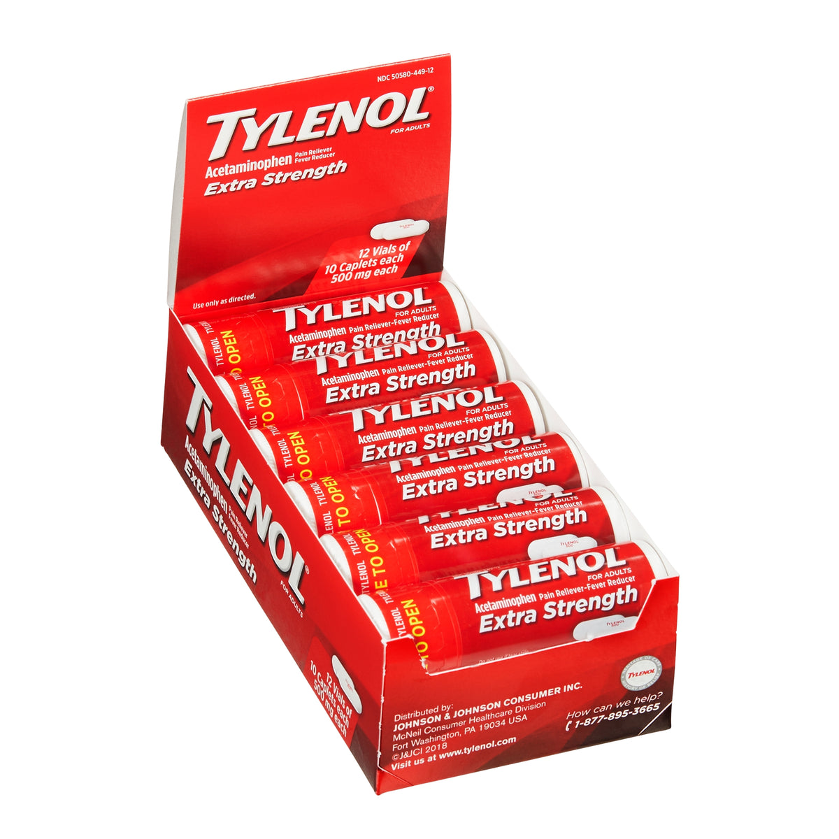 Tylenol Extra Strength Acetaminophen Caplets, 500 mg, 10 per Vial, 12 ct - product image 1