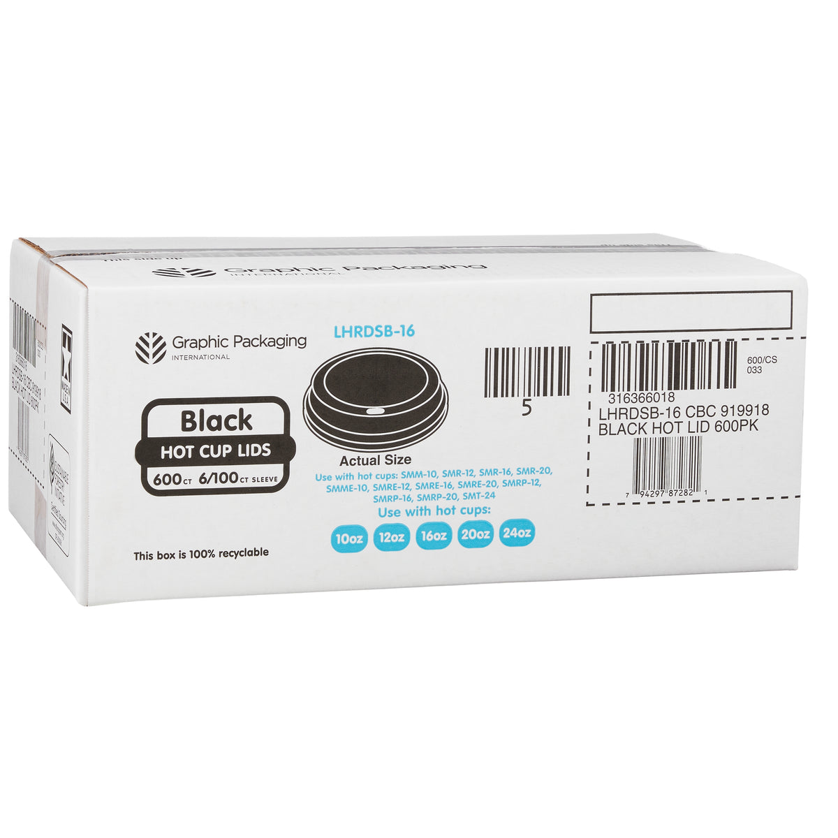 Graphic Packaging Hot Cup Dome Lids, Black, 10-24 oz, 600 ct - product image 2