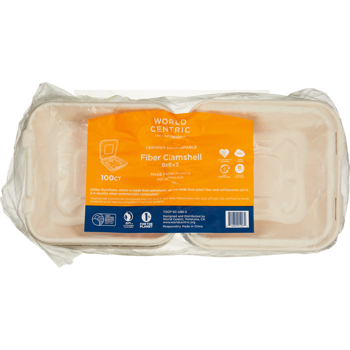 World Centric Compostable Fiber Clamshell Container, 8"L x 8"W, 100 ct - product image 3