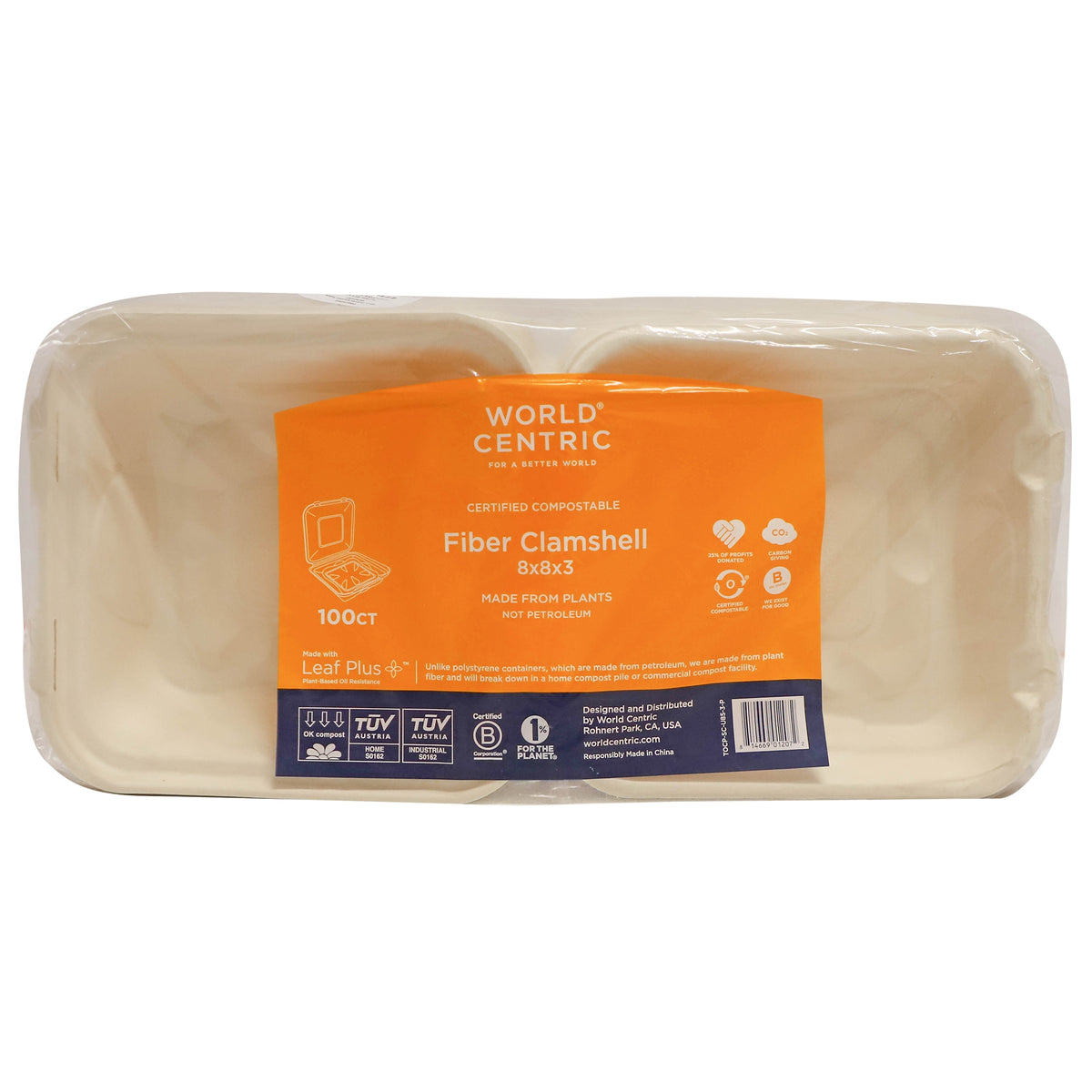 World Centric Compostable Fiber Clamshell Container, 8"L x 8"W, 100 ct - product image 2