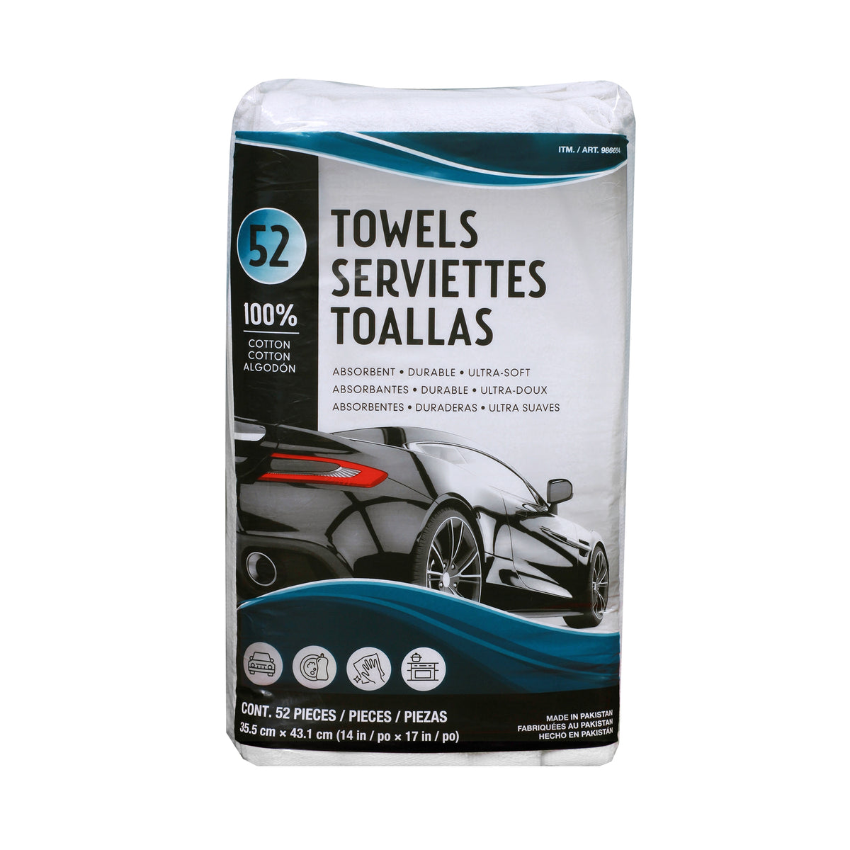 Unitex 100% Cotton Towels, 14"L x 17"W, White, 52 ct - product image 1