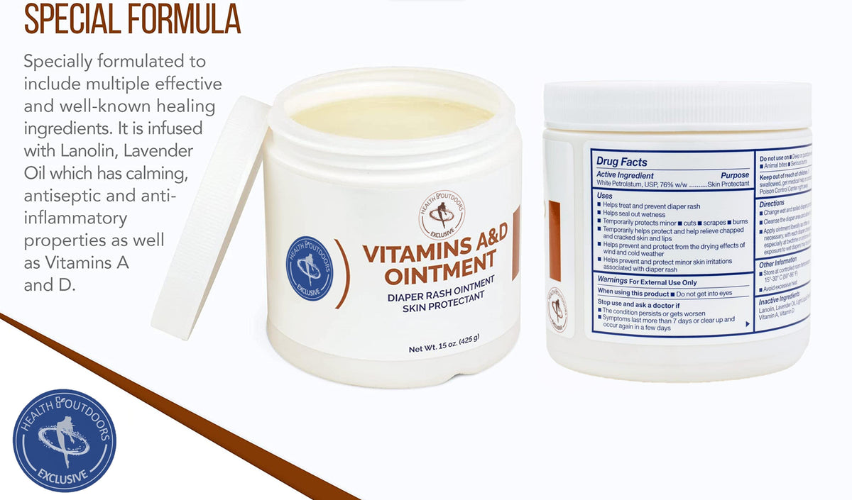 HealthandOutdoors Vitamin A&D Jar 15oz, Natural, Soothing Ointment for Daily Infant Skin Care