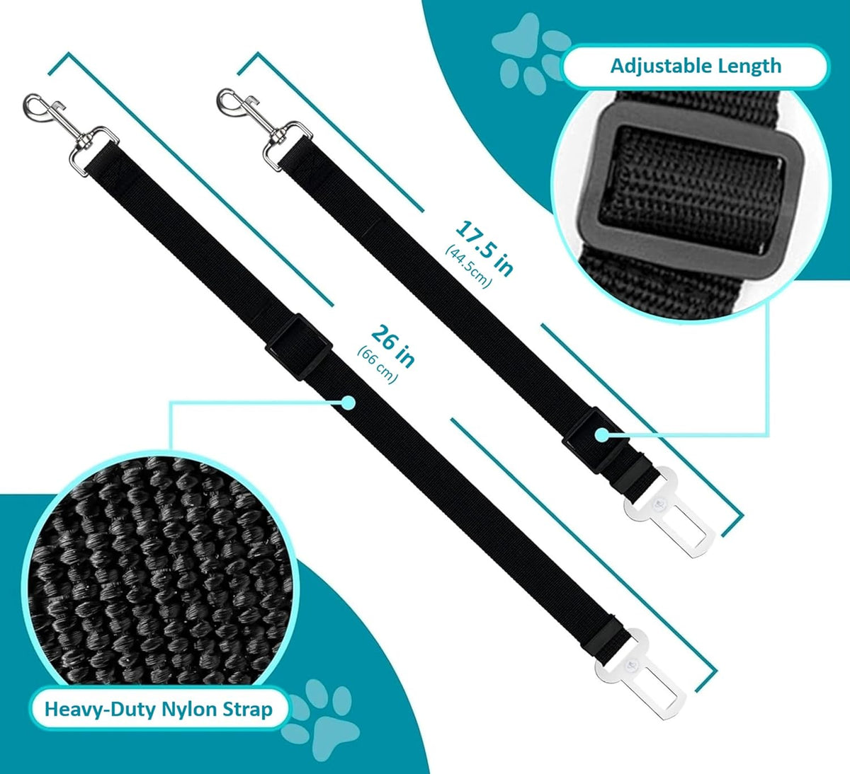 Car Dog Leash - Best Dog Seat Belt (2 Pack) Car Harness Attachment for Dogs - Adjustable Dog Restraints Seatbelts for Cars (17.5In - 26In)