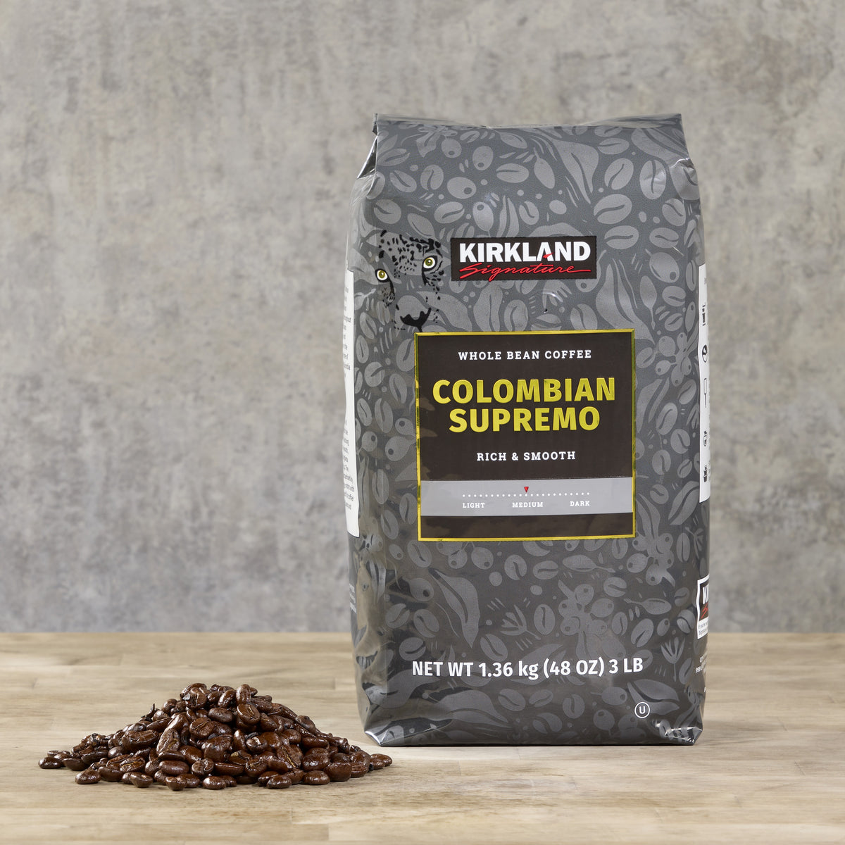 Kirkland Signature Colombian Supremo Whole Bean Coffee, Medium Roast, 3 lbs — original product image 4 of 5