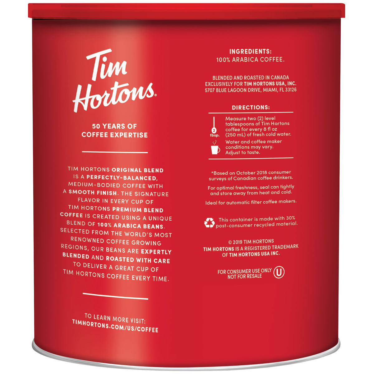 Tim Hortons Original Blend Ground Coffee, Medium Roast, 3 lbs — original product image 2 of 2