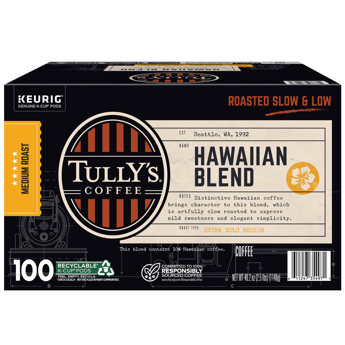 Tully's Hawaiian Blend Coffee, Medium Roast, Keurig K-Cup Pods, 100 ct — original product image 1 of 4