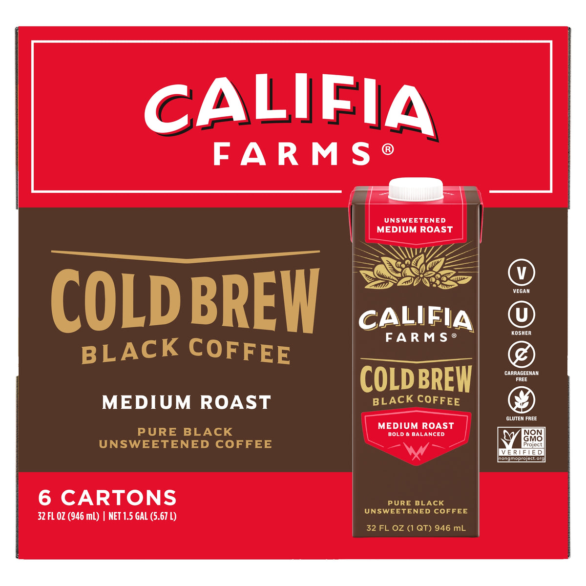 Califia Farms Cold Brew Black Coffee, Unsweetened, Medium Roast, 32 fl oz, 6 ct — original product image 2 of 4