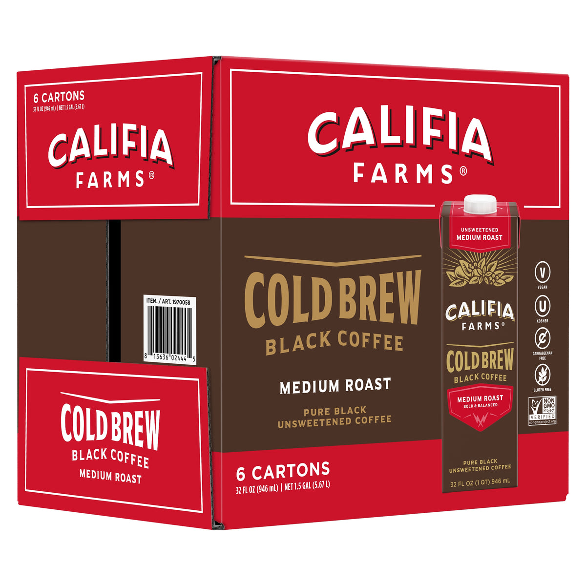 Califia Farms Cold Brew Black Coffee, Unsweetened, Medium Roast, 32 fl oz, 6 ct — original product image 3 of 4