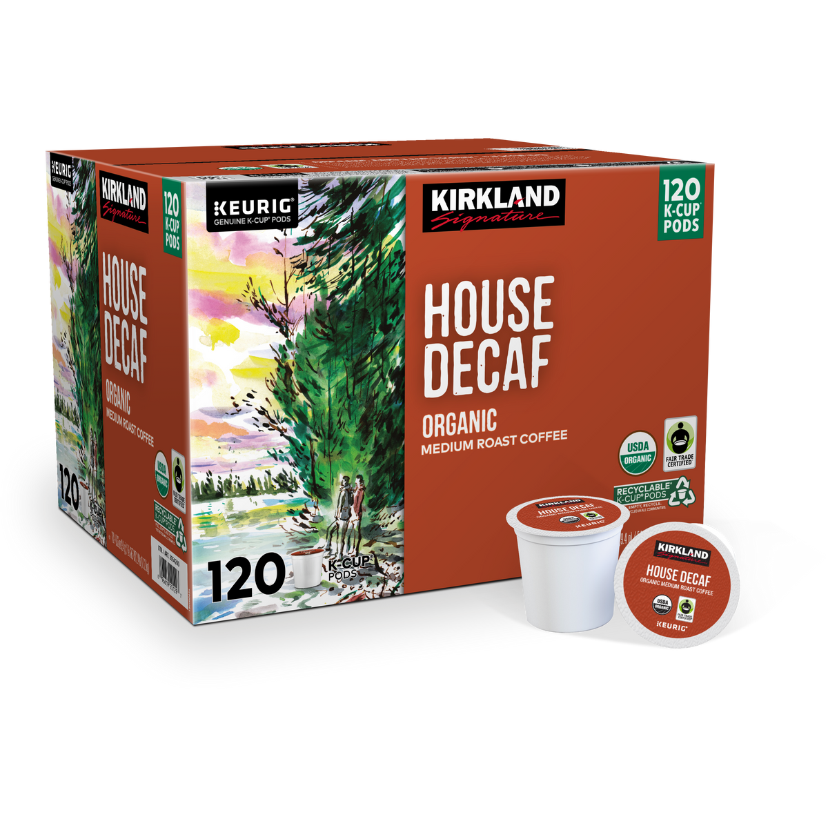 Kirkland Signature Organic House Decaf Coffee, Medium Roast, Keurig K-Cup Pods, 120 ct — original product image 1 of 2