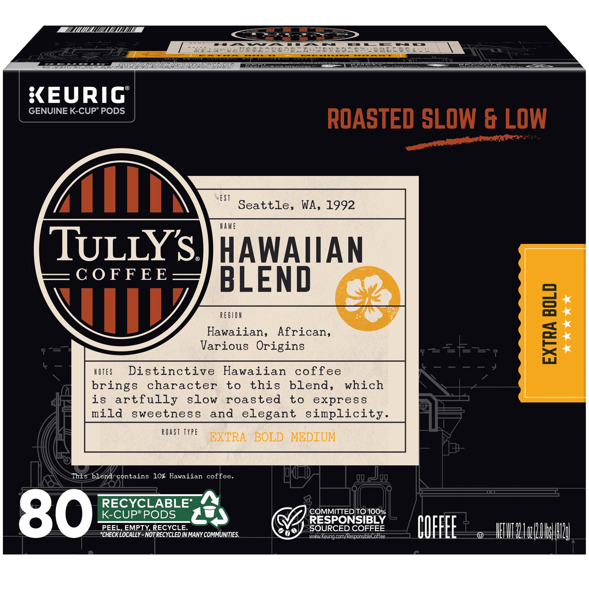 Tully's Hawaiian Blend Coffee, Extra Bold Medium Roast, Keurig K-Cup Pods, 80 ct — original product image 1 of 4