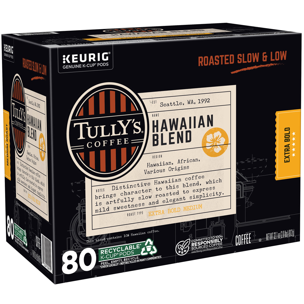 Tully's Hawaiian Blend Coffee, Extra Bold Medium Roast, Keurig K-Cup Pods, 80 ct — original product image 2 of 4