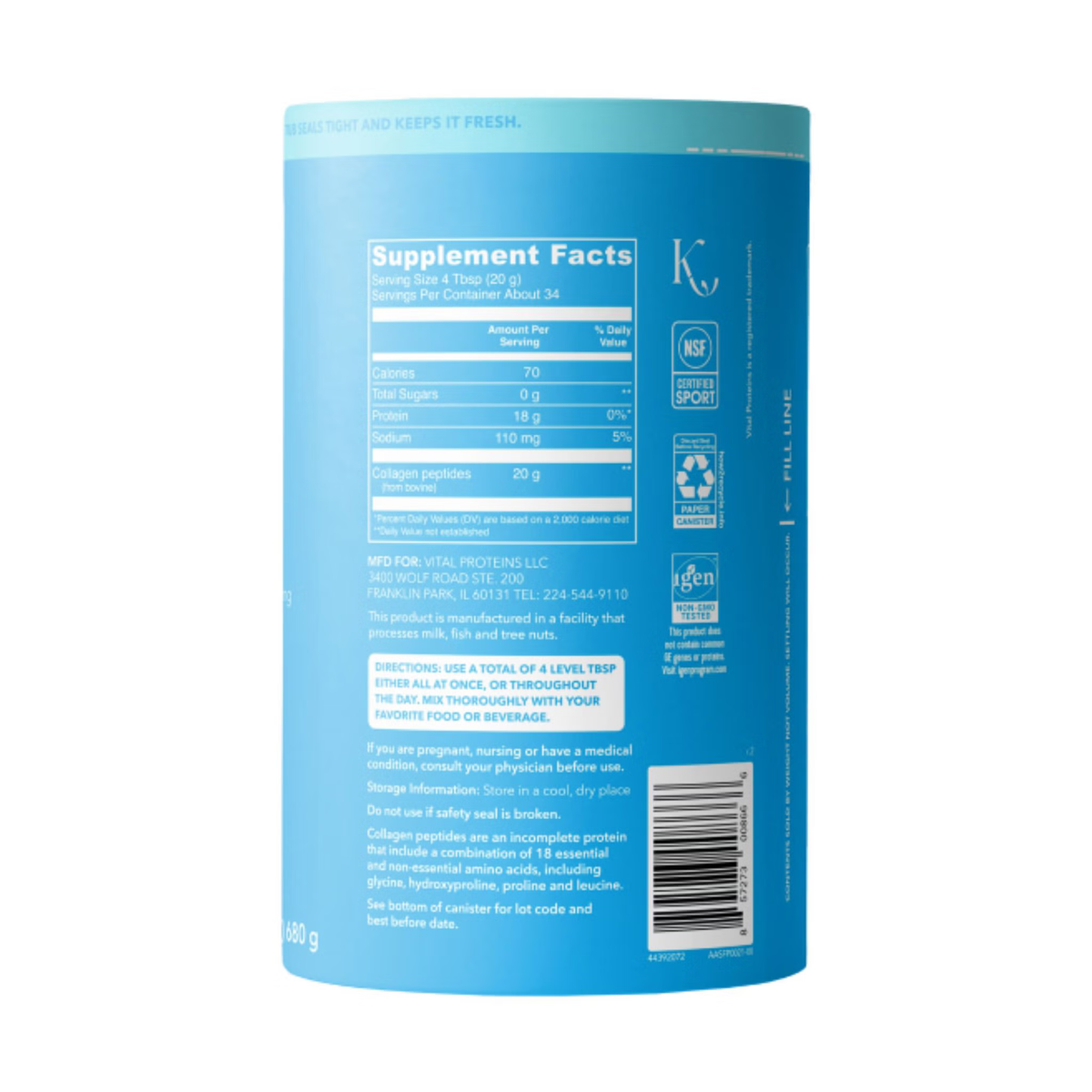 Vital Proteins Unflavored Collagen Peptides, Supplement Facts on the 24 oz retail container