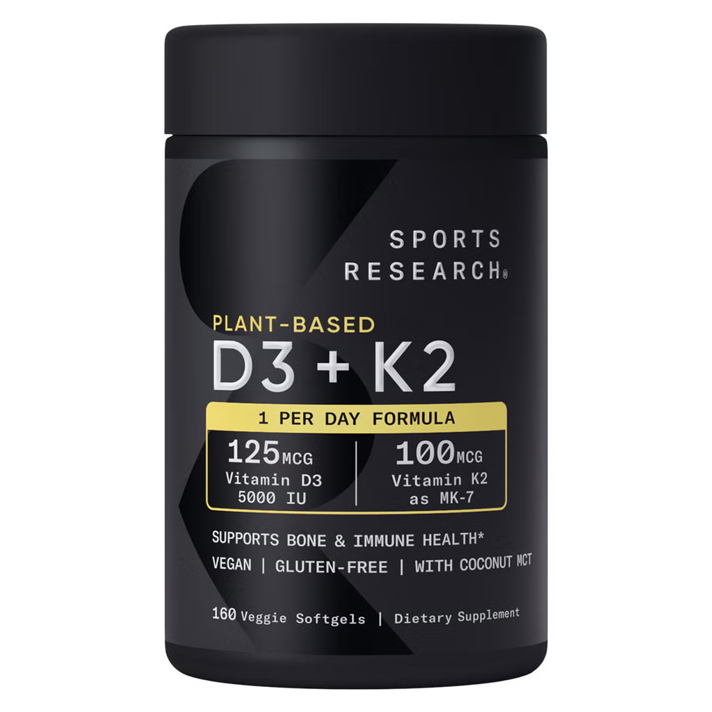 Sports Research Plant-Based D3 + K2 - original packaging and label, view 1