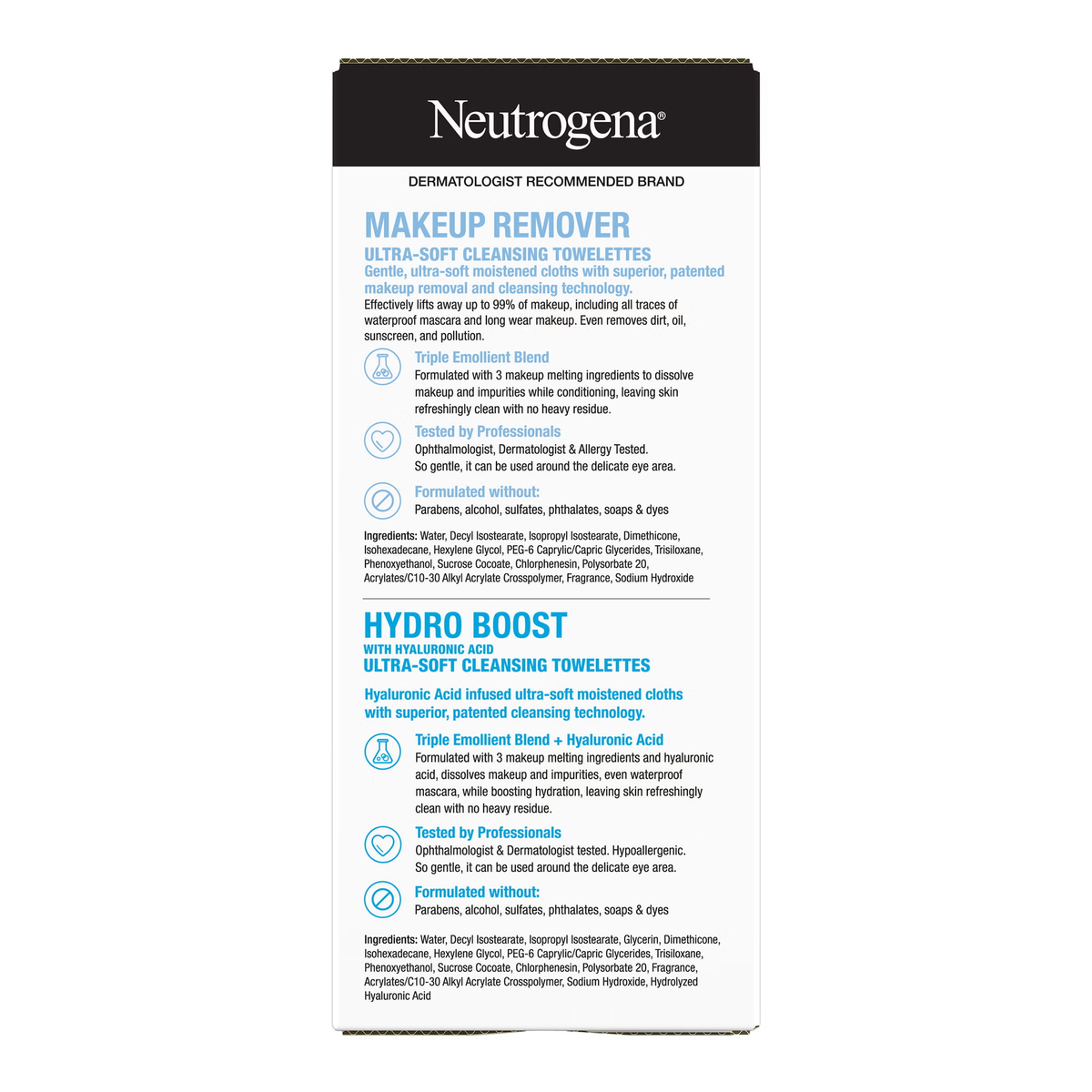 Neutrogena Makeup Remover and Hydro Boost Cleansing Towelettes - original packaging and label, view 3