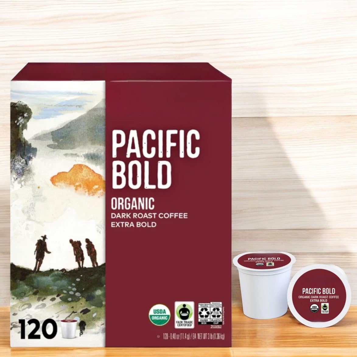 Kirkland Signature Organic Pacific Bold 120-count box and pods on a table