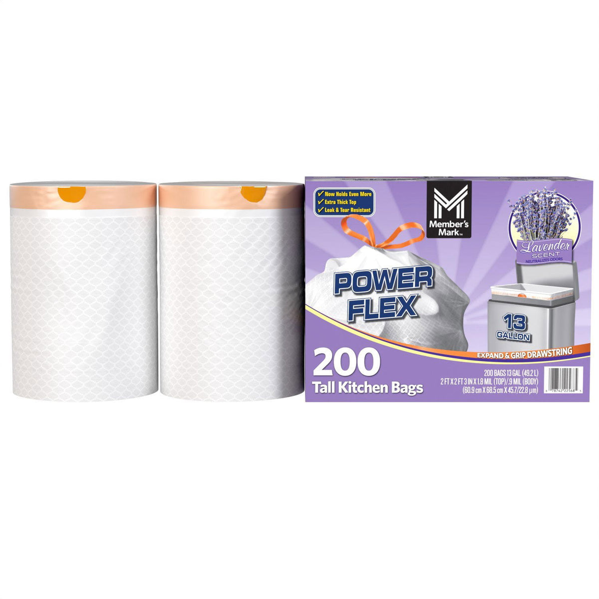 Member's Mark Power Flex 13-Gallon Tall Kitchen Trash Bags, Lavender, 200 ct.