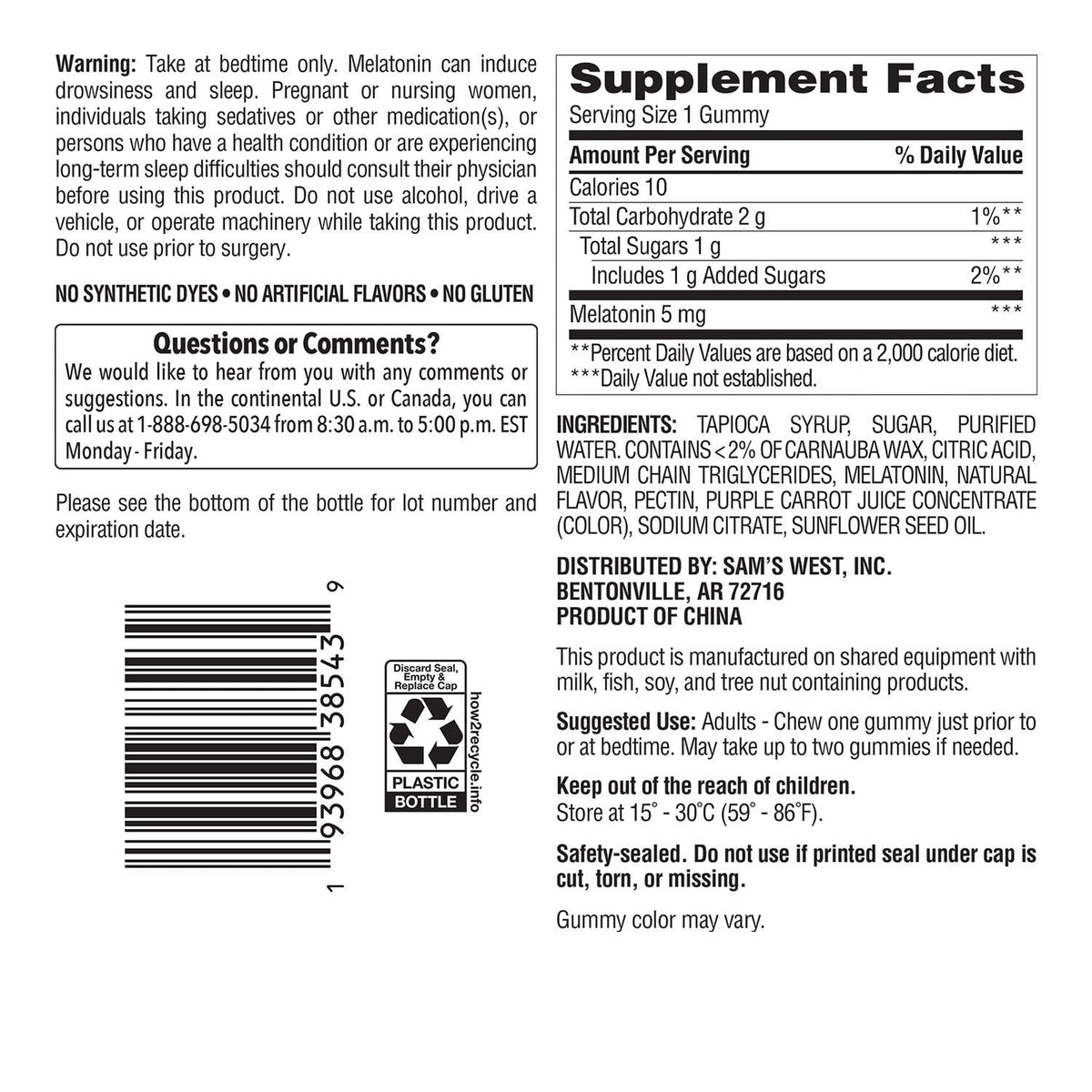 Member’s Mark Melatonin Gummies, 5 mg, Strawberry, 200 ct.