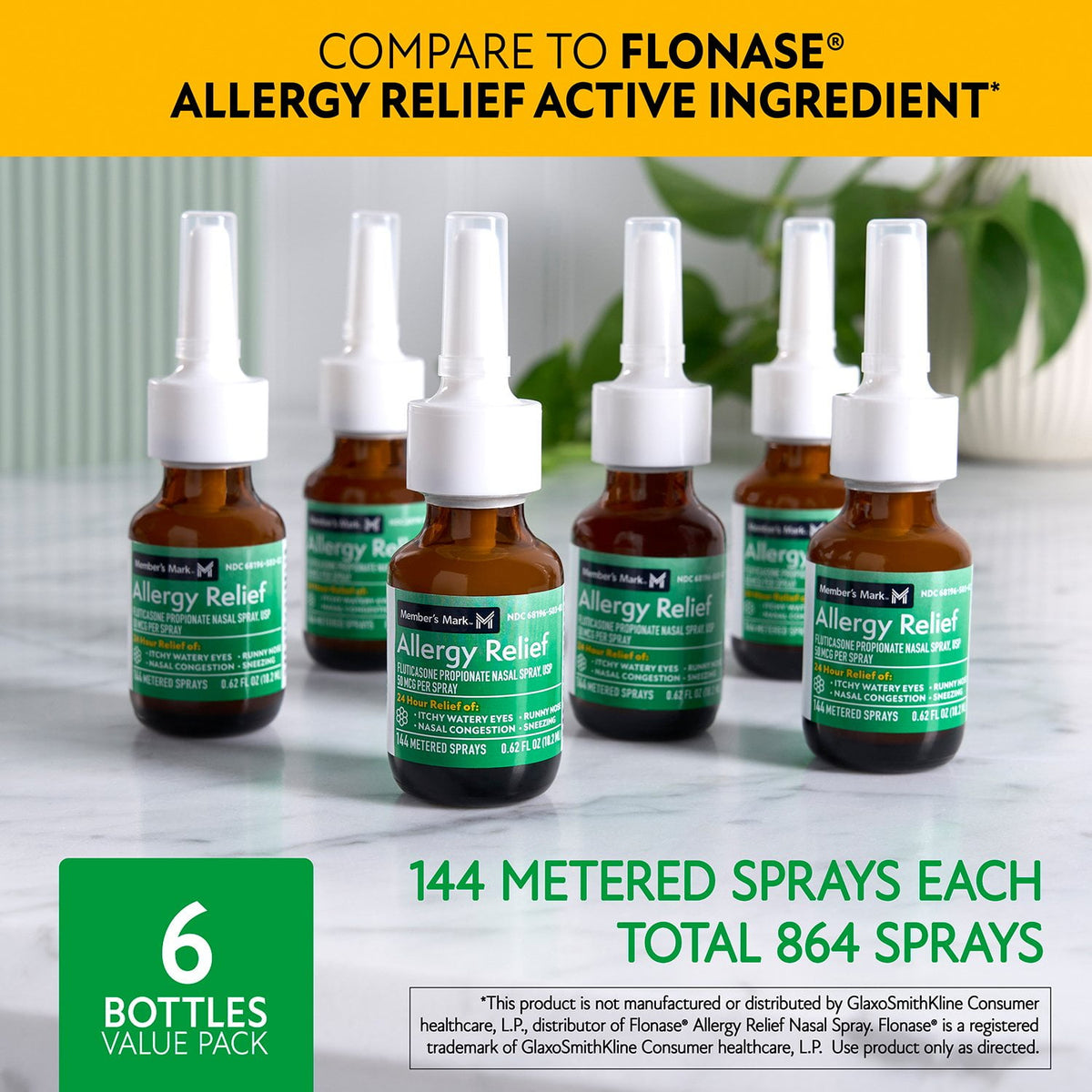 Member's Mark 50mcg Allergy Relief, Fluticasone Propionate Nasal Spray (0.62 fl. oz., 6 ct.)