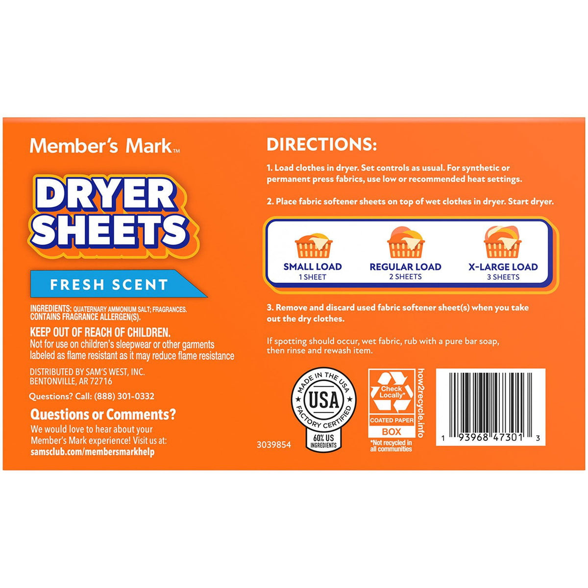 Member's Mark Fabric Softener Dryer Sheets, Fresh Scent, 480 ct.