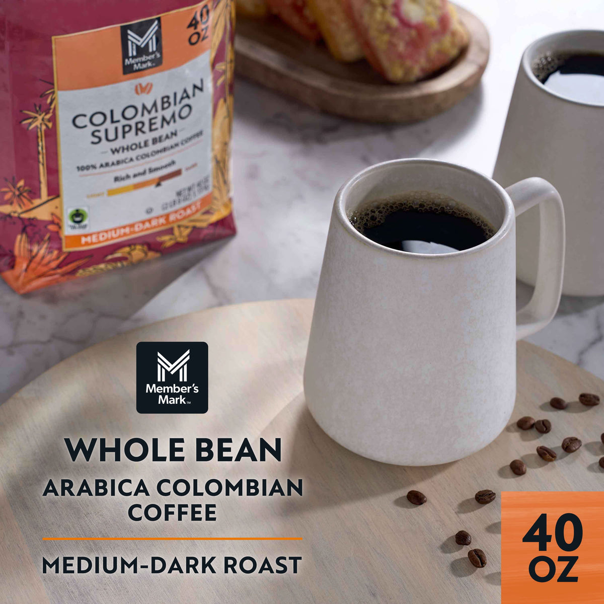 Member's Mark Medium-Dark Roast Whole Bean Coffee, Colombian Supremo, 40 oz.