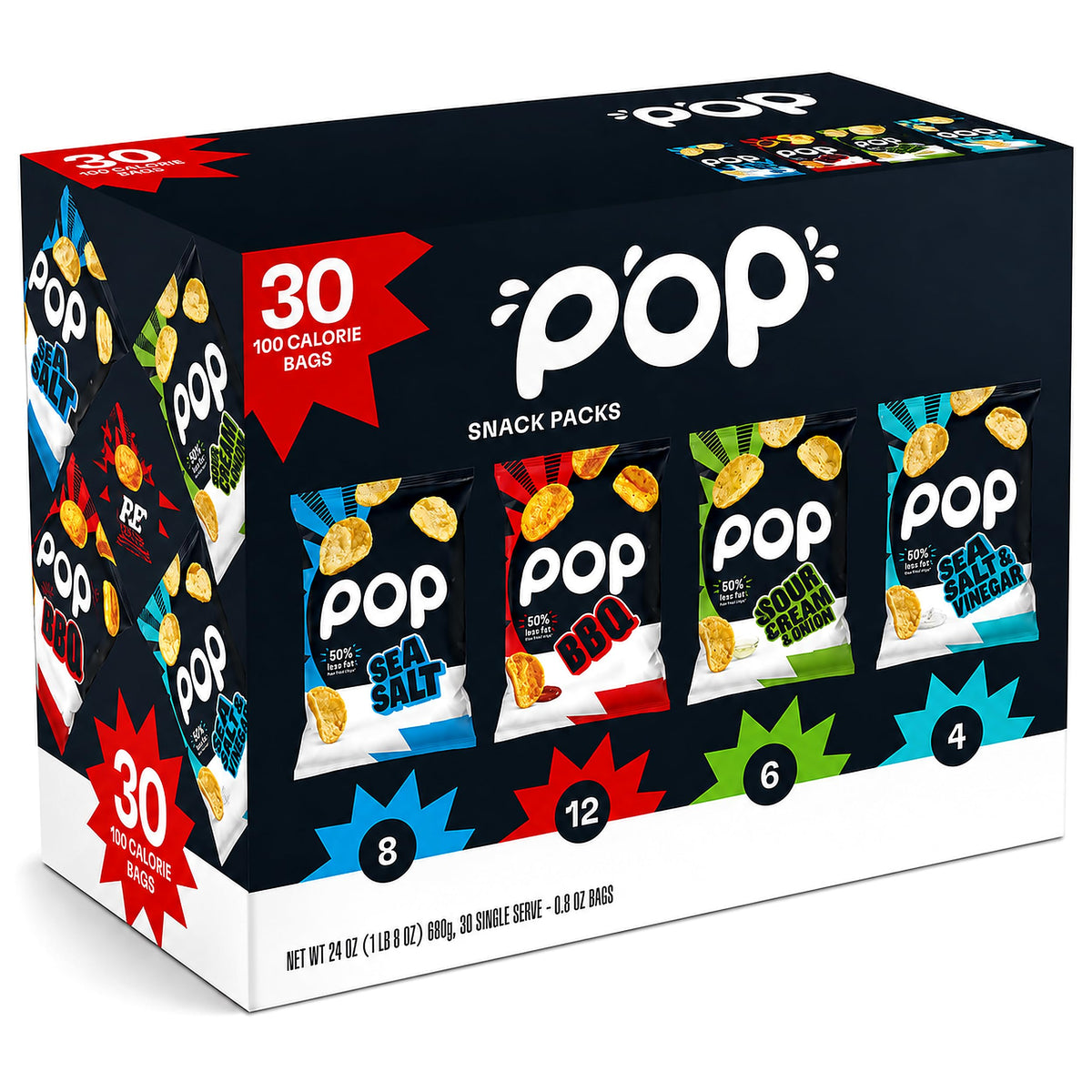 Popchips 30-bag variety snack pack box with four flavors