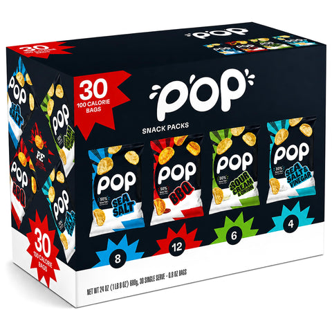 Popchips 30-bag variety snack pack box with four flavors