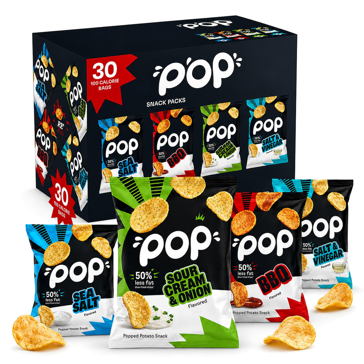 Popchips variety box with all four included single-serve flavors