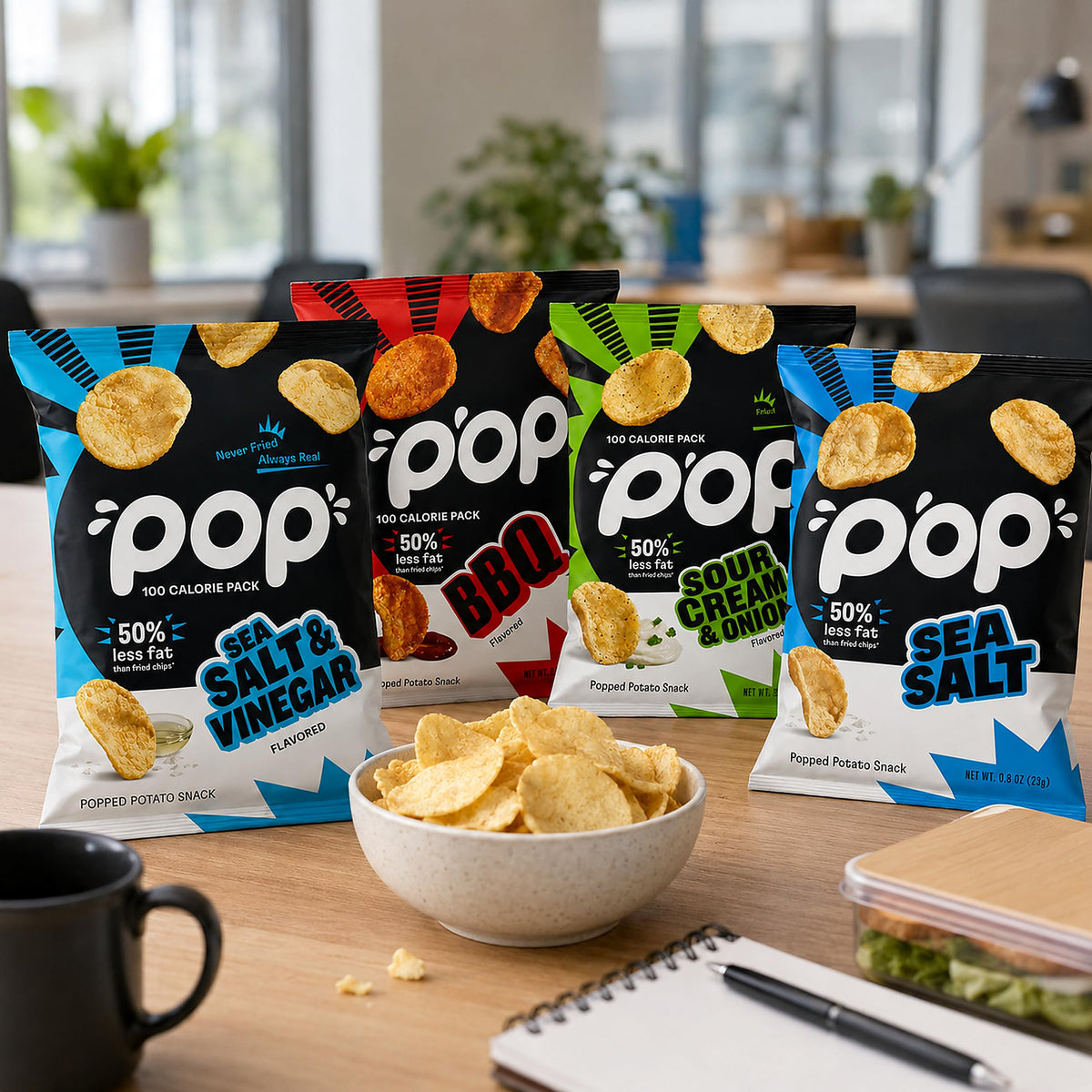 Four Popchips flavors arranged around a bowl of popped potato chips