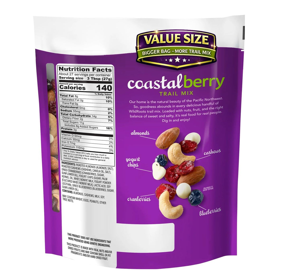 Wild Coastal Berry Trail Mix Root, 100% Natural Almonds, Cashews, Cranberries, Yogurt Chips and Blueberries, Non-GMO, Pack of