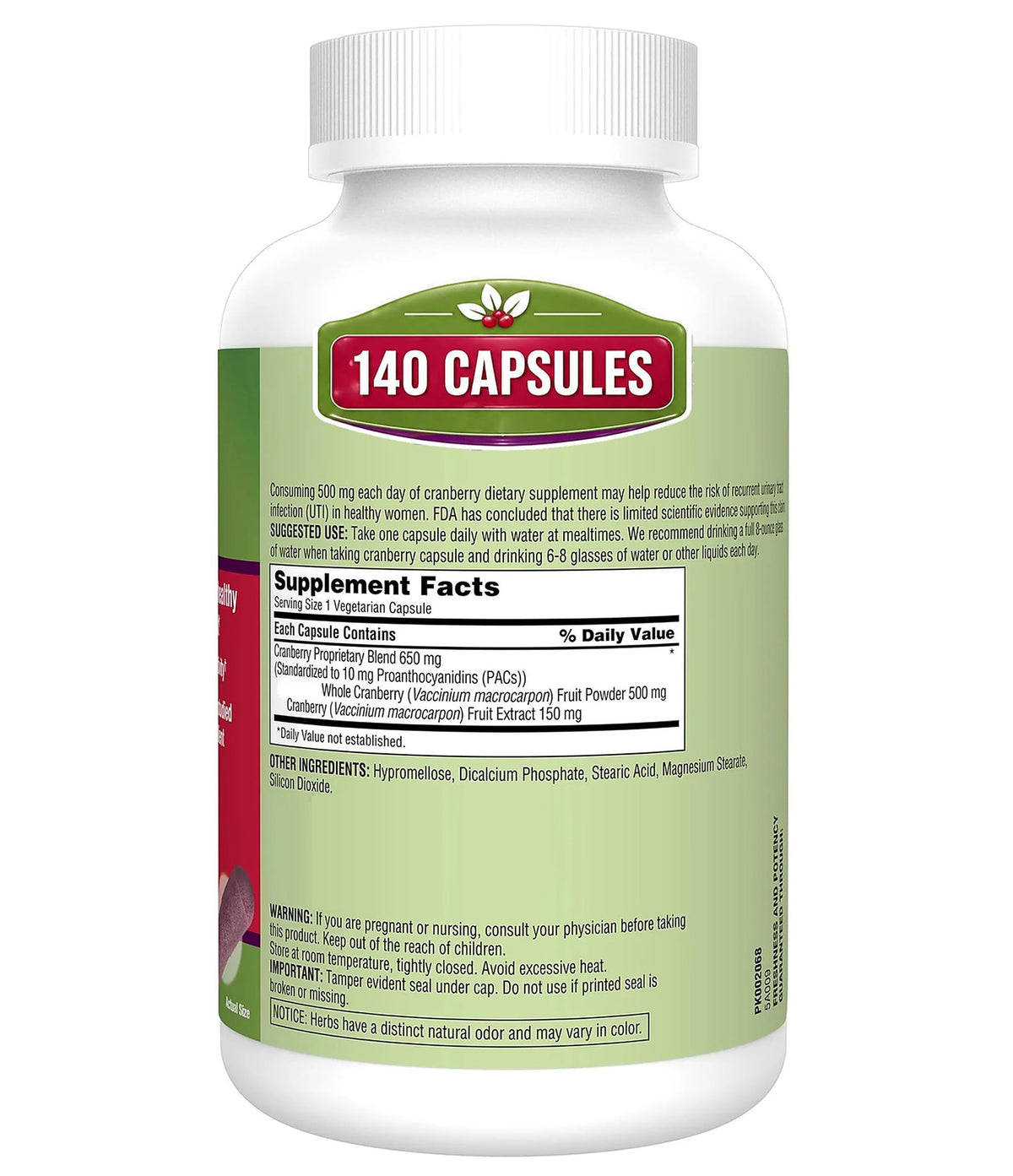 Nature Cranberry 650mg, 140 Vegetarian Capsules, One per Day, Urinary Tract Supplement, Herbal Supplement — additional