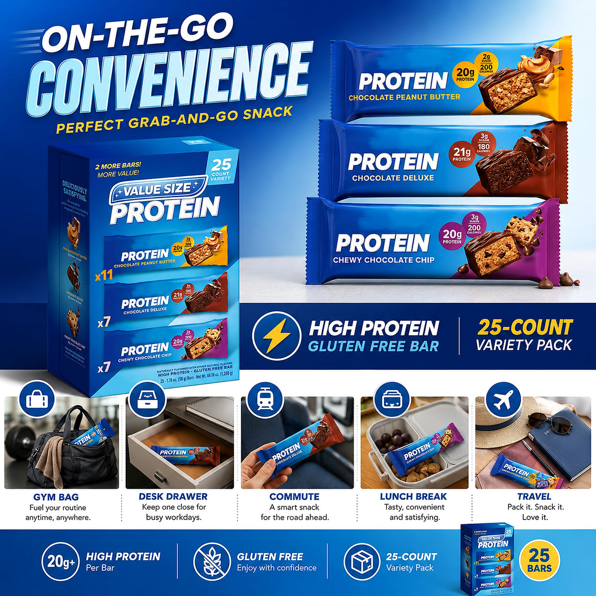 Pure Proteins, 25 Protein Bars, Variety, 20g Protein, Lasting Energy and Delicious Flavor, High Protein, Gluten Free