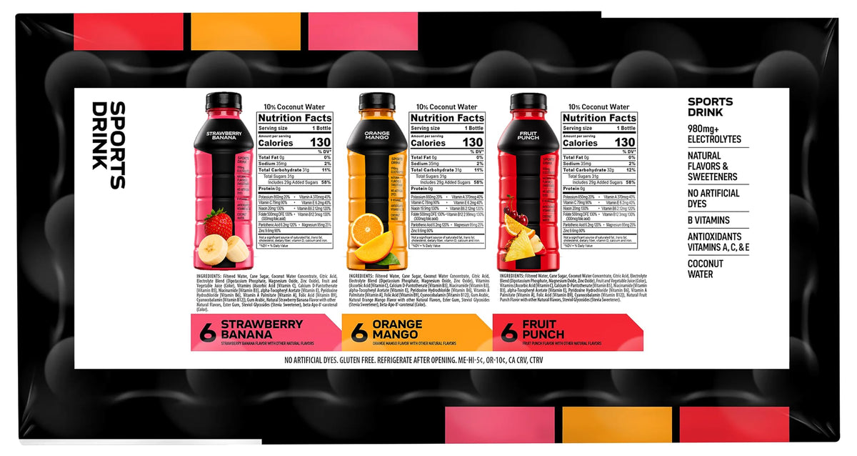 Armor Sports Body Hydration Drink 20oz, 18 CT Variety Pack, Strawberry Banana, Orange Mango, Fruit Punch, Packed With B
