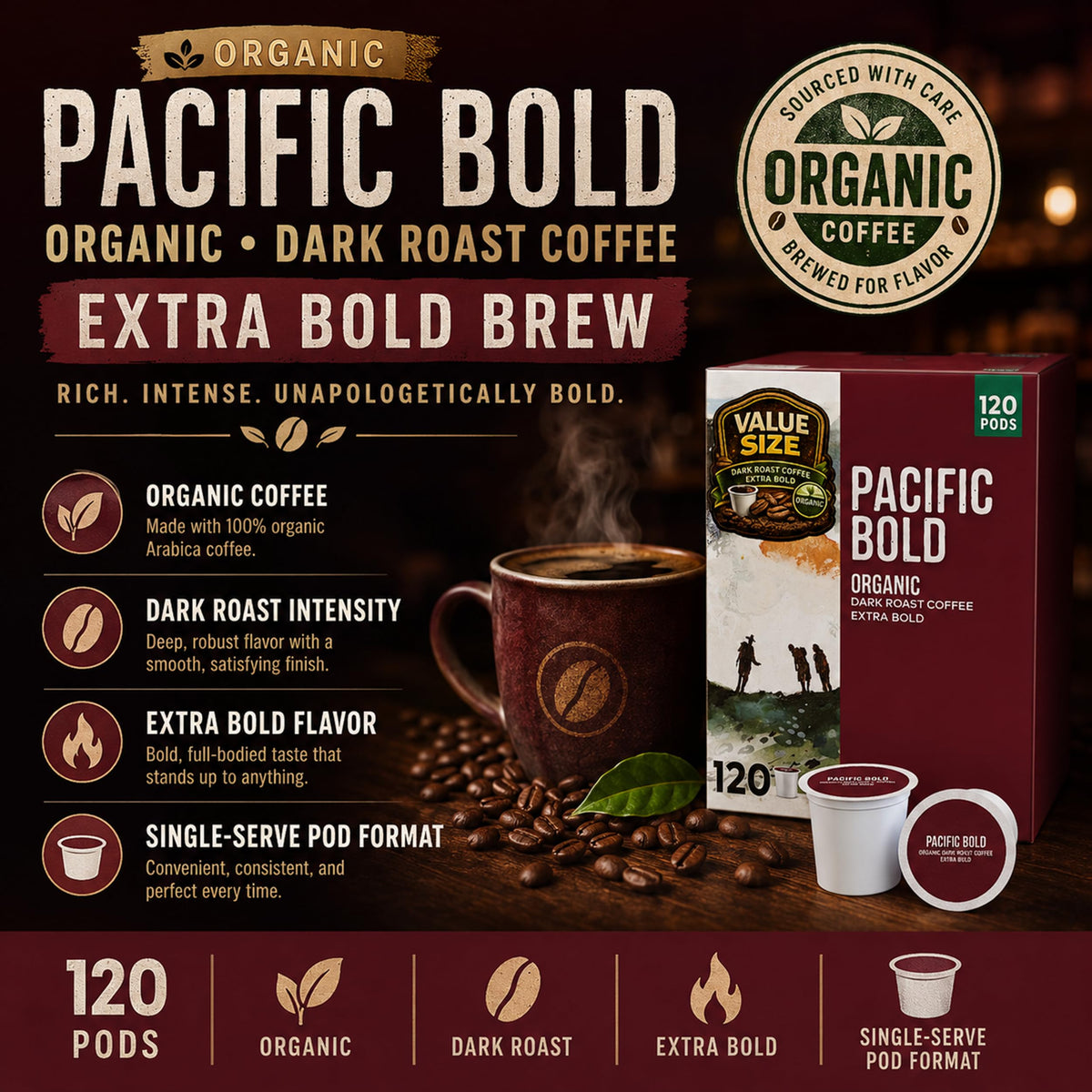 KS Organic Pacific Bold K Cup Coffee Pods, 120 CT, Extra Bold, Dark Coffee — additional product image 3