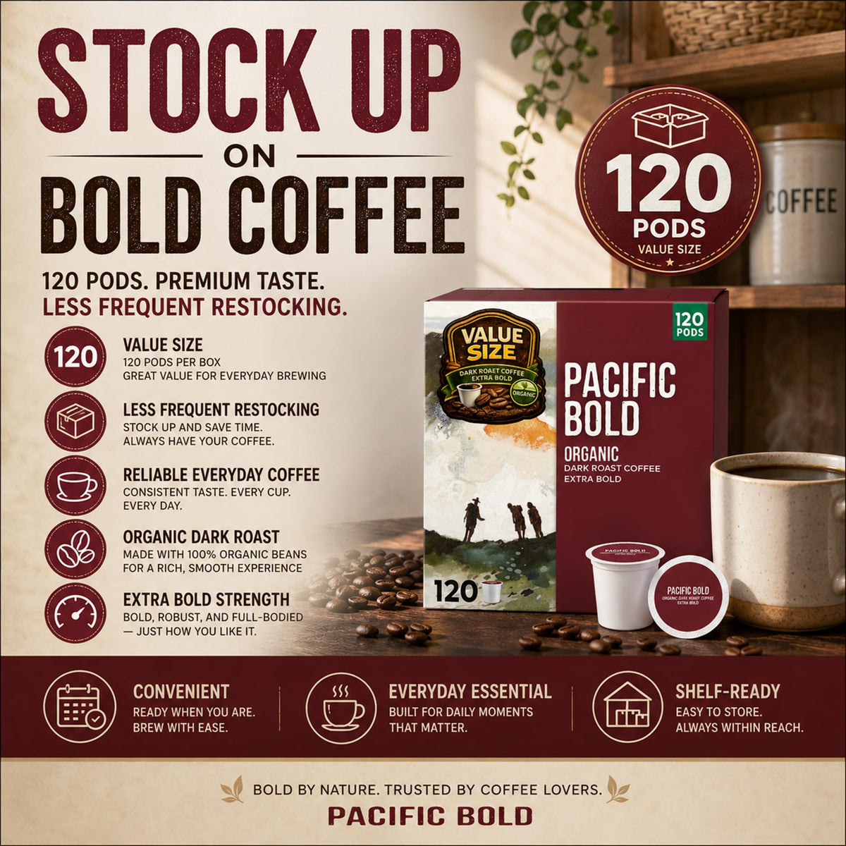 KS Organic Pacific Bold K Cup Coffee Pods, 120 CT, Extra Bold, Dark Coffee — additional product image 4