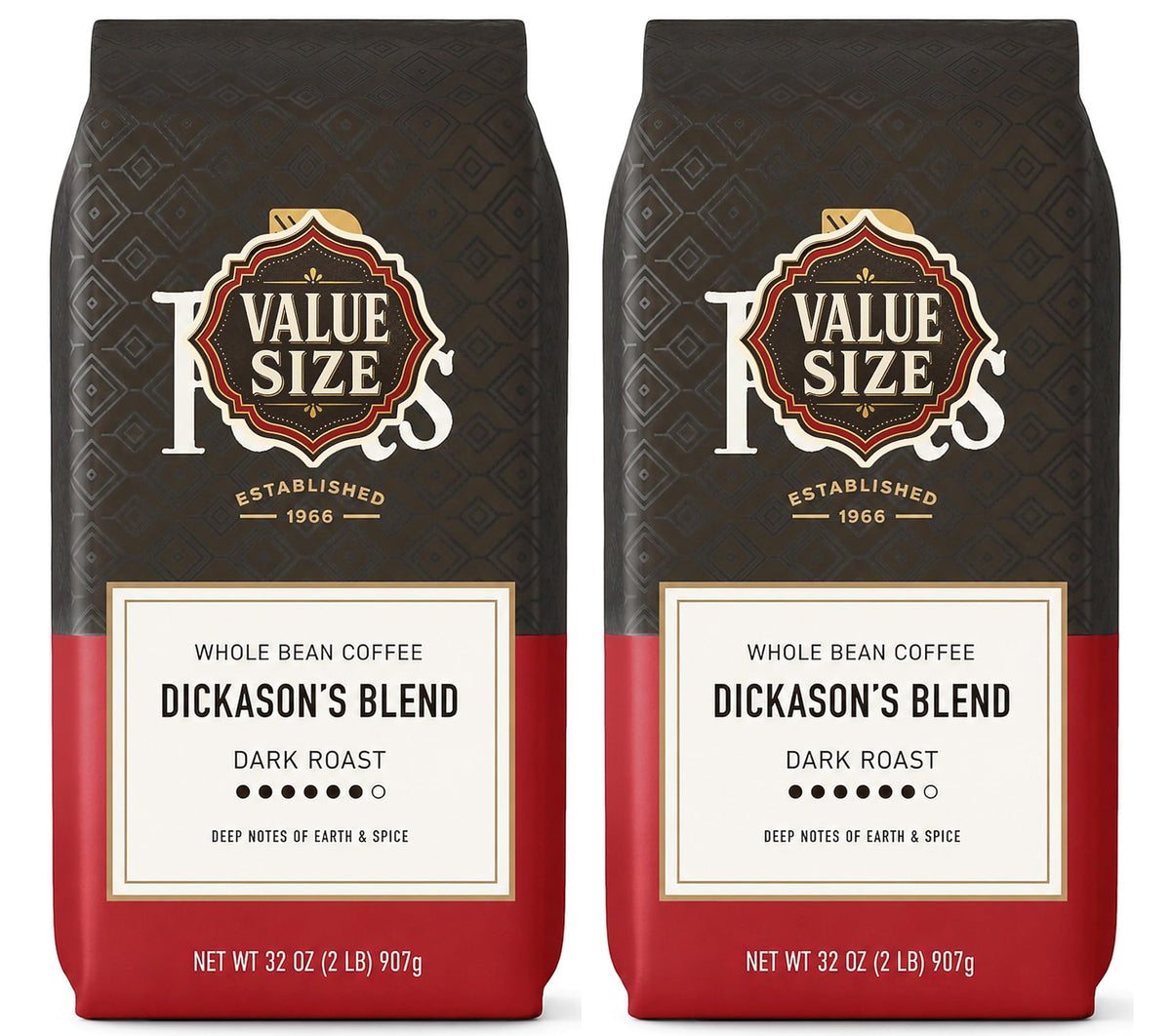 Peet Whole Bean, Major Dickason, Dark Roast 2LB Bag, Set of 2, Notes of Earth and Spice