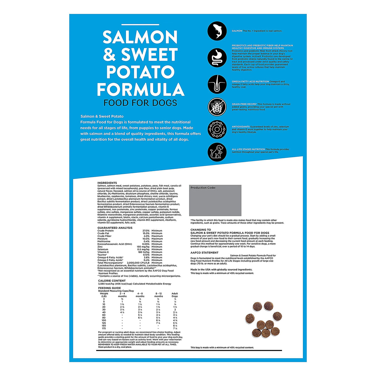 Dog food back label with ingredients, analysis, feeding guide, and kibble