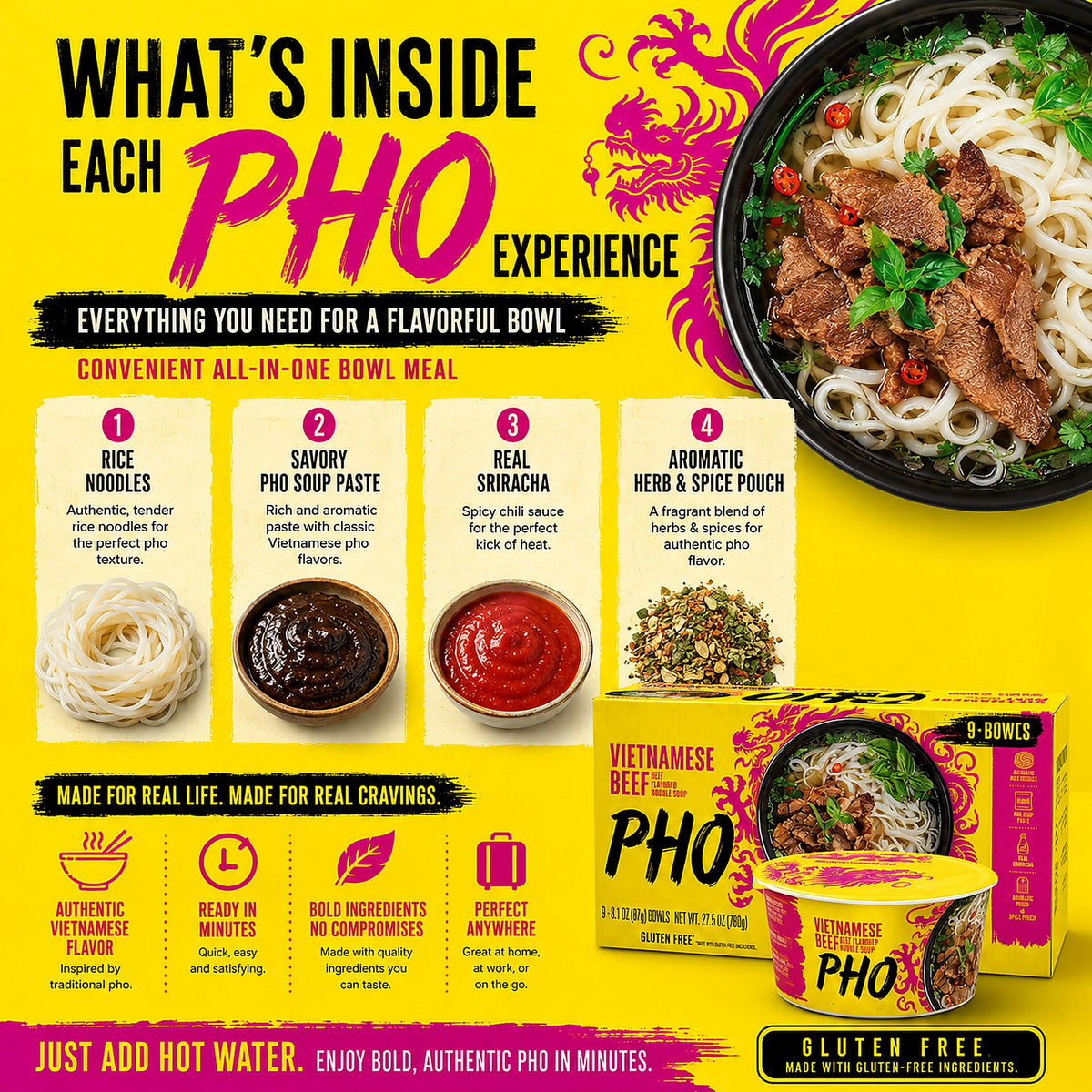 Vietnamese Pho Beef Noodle Soup 9 Bowls Pack, Ready in 3 Minutes, Gluten-Free, with Chili Oil — additional product image 5