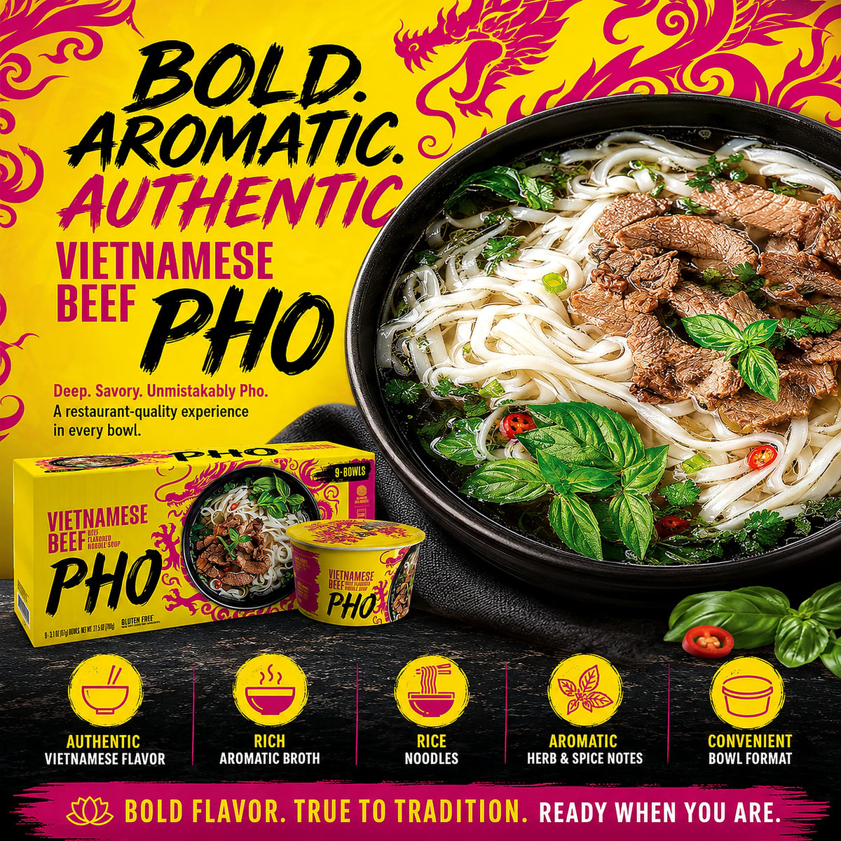 Vietnamese Pho Beef Noodle Soup 9 Bowls Pack, Ready in 3 Minutes, Gluten-Free, with Chili Oil — additional product image 6