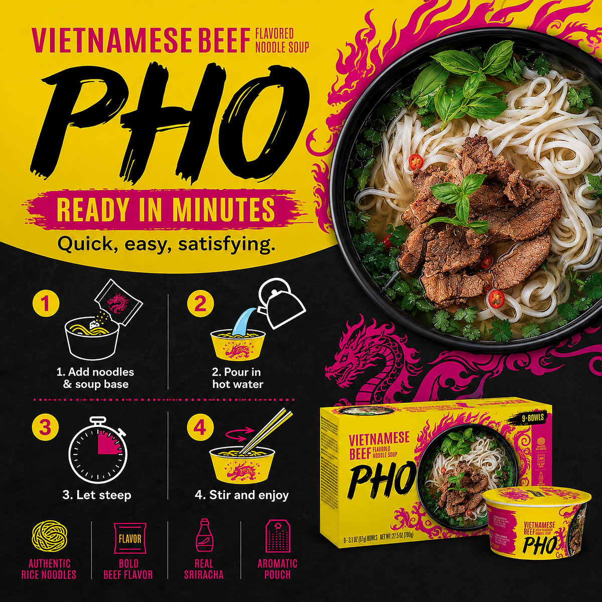 Vietnamese Pho Beef Noodle Soup 9 Bowls Pack, Ready in 3 Minutes, Gluten-Free, with Chili Oil — additional product image 7