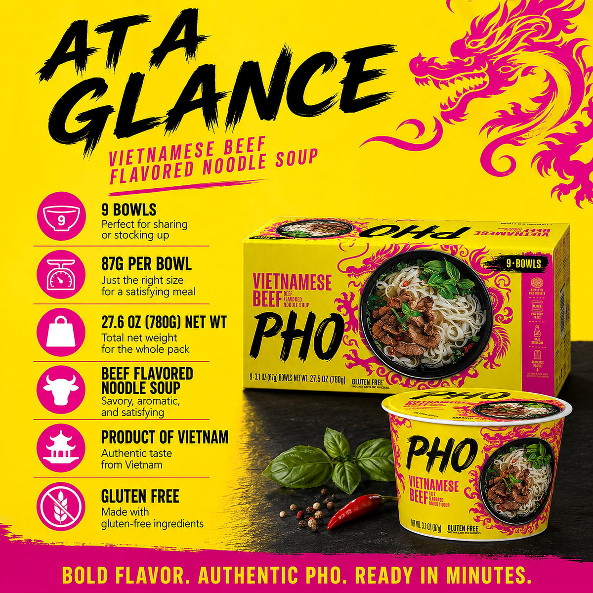 Vietnamese Pho Beef Noodle Soup 9 Bowls Pack, Ready in 3 Minutes, Gluten-Free, with Chili Oil — additional product image 8