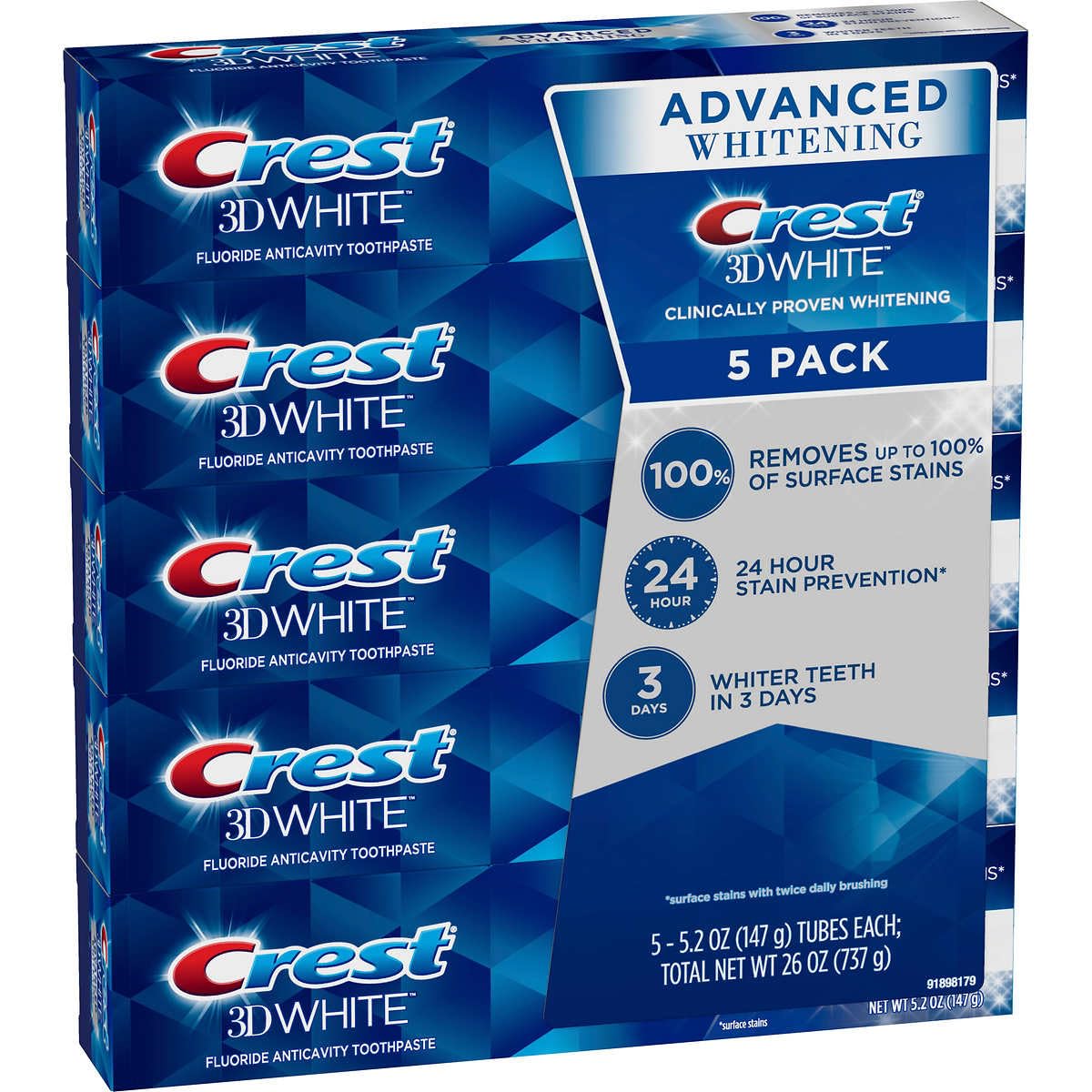 Crest 3D White Advanced Whitening Toothpaste, 5.2 oz (Pack of 5) — additional product image 2