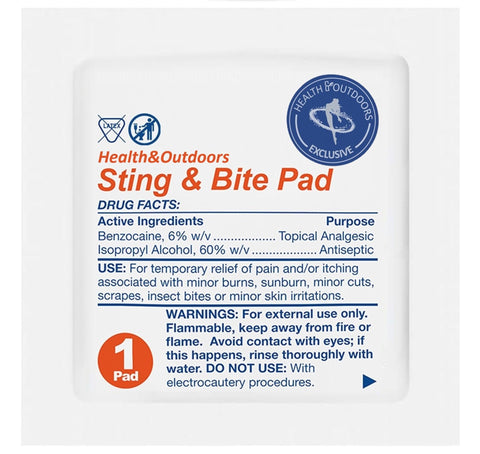 HEALTH & OUTDOORS Sting and Bite Pads (120 CT) for Itch and Pain Relief, 6% Benzocaine, Useful for Burns and Wounds, Compact
