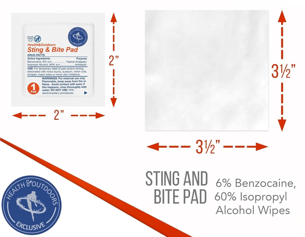 HEALTH & OUTDOORS Sting and Bite Pads (120 CT) for Itch and Pain Relief, 6% Benzocaine, Useful for Burns and Wounds, Compact