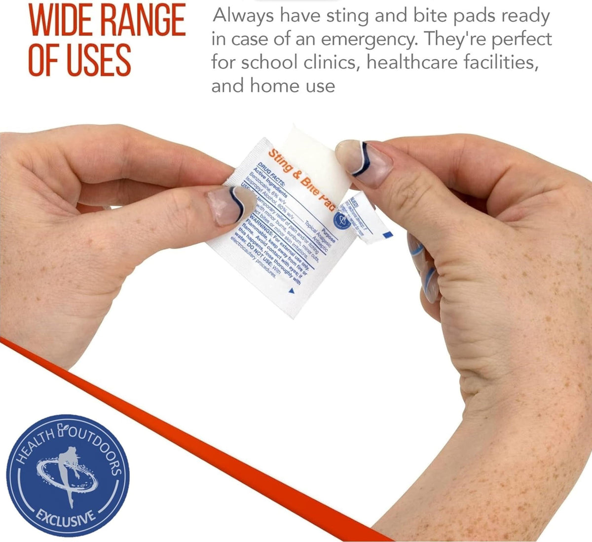 HEALTH & OUTDOORS Sting and Bite Pads (120 CT) for Itch and Pain Relief, 6% Benzocaine, Useful for Burns and Wounds, Compact